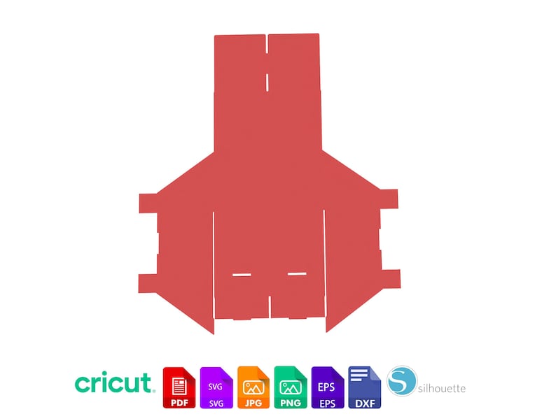 Op de afbeelding: Een rood, geometrisch ontwerp, mogelijk voor een knutselproject, met snijlijnen en lipjes. De afbeelding bevat het Cricut-logo en bestandstype-pictogrammen voor PDF, SVG, JPG, PNG, EPS en DXF.