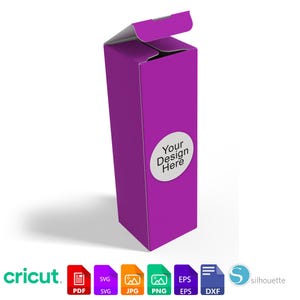 May include: A purple box with a flap open, showing the inside. The box has a white circle with the text "Your Design Here" on the front.
