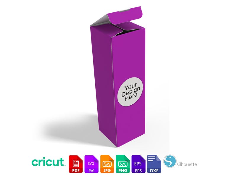 May include: A purple box with a flap open, showing the inside. The box has a white circle with the text "Your Design Here" on the front.