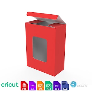 May include: A red product box with a rectangular window and an open top flap. The box is a solid red color with a white interior. The image also includes the Cricut logo and file type icons.