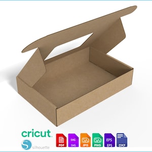 May include: A brown cardboard box with an open lid and a rectangular cutout. Below the box are the logos for Cricut and Silhouette, followed by icons for file formats labeled PDF, SVG, JPG, PNG, EPS, and DXF on a white background.