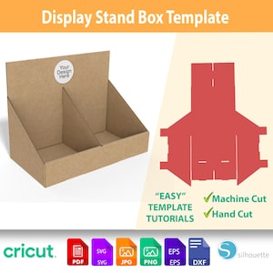 Op de afbeelding: Een bruine kartonnen display stand box sjabloon met de tekst "Display Stand Box Template". Het ontwerp bevat een rode sjablooncontour en de tekst "EASY TEMPLATE TUTORIALS". Inclusief bestandsformaten: PDF, SVG, JPG, PNG, EPS en DXF.