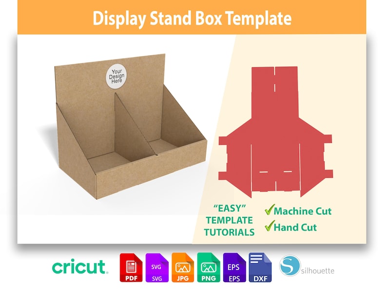 Op de afbeelding: Een bruine kartonnen display stand box sjabloon met de tekst "Display Stand Box Template". Het ontwerp bevat een rode sjablooncontour en de tekst "EASY TEMPLATE TUTORIALS". Inclusief bestandsformaten: PDF, SVG, JPG, PNG, EPS en DXF.