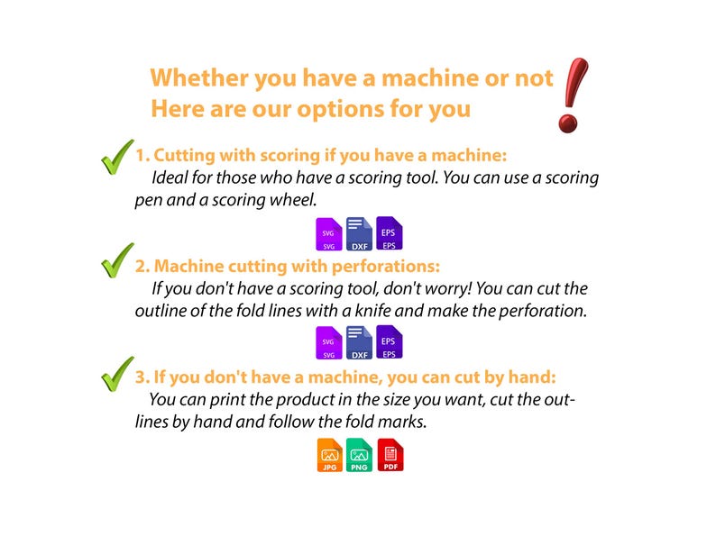 Op de afbeelding: Een witte afbeelding met tekst die opties biedt voor het snijden van een product, met of zonder machine. Bevat bestandstype-pictogrammen voor SVG, DXF, EPS, JPG, PNG en PDF. De tekst legt het snijden met scoren, machinaal snijden met perforaties en met de hand snijden uit.