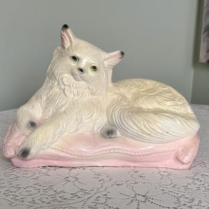 Vintage Chalkware Cat Coin Bank, Hand-Painted Kitty on Pink Pillow – Free Ship to Most Areas