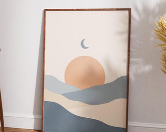 Minimalist Sun and Moon Illustration Wall Art Print | Modern Celestial Boho Poster | Neutral Aesthetic Decor | Gallery Wall Digital Download