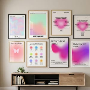 May include: A gallery wall featuring eight framed posters with gradient backgrounds, butterfly motifs, and text including Peace, Abundance, Angel Numbers, and Divine Energy. The prints display soft, blurred color fields in pink, purple, and green.
