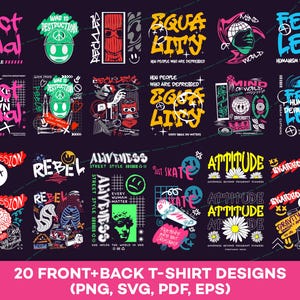20 Front+Back T-Shirt Designs Bundle, Streetwear Pack, Tshirt Pack, Tshirt Designs, Tshirts Bundle, T-Shirt Print Design, Tshirt Graphics