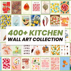 May include: A collection of kitchen wall art prints featuring various food and drink illustrations. The prints showcase colorful images of fruits, vegetables, cocktails, and dishes, with text overlays like "400+ KITCHEN WALL ART COLLECTION".