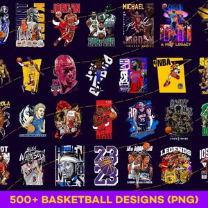 Peut inclure: Plusieurs designs sur le thème du basketball, avec des joueurs et des logos d'équipes. Les designs sont dans des styles variés, avec des couleurs vives et des compositions dynamiques. Le texte "500+ BASKETBALL DESIGNS (PNG)" est en bas.