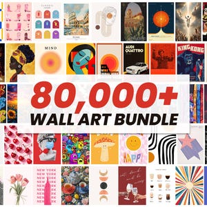 Peut inclure: Une collection d'impressions d'art mural variées, avec des designs abstraits, des affiches de films vintage et du pop art. L'image présente une variété de couleurs et de styles, avec le texte "80,000+ WALL ART BUNDLE" en évidence.