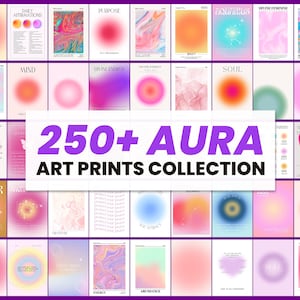 Könnte beinhalten: Eine Sammlung von über 250 Aura-Kunstdrucken. Die Drucke zeigen farbenfrohe, abstrakte Designs mit Texten wie "Purpose", "Mind" und "Soul". Die Farbpalette umfasst Rosa, Lila, Blau und Orange. Der Text "250+ AURA ART PRINTS COLLECTION" ist prominent dargestellt.