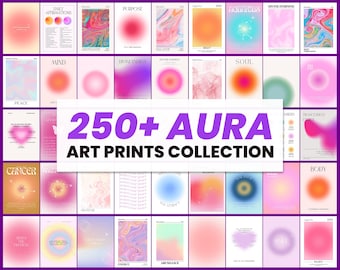 May include: A collection of over 250 rectangular art prints featuring gradient aura designs, abstract color blends, and various text elements including words like Purpose, Mind, Soul, and Body, displayed in a grid layout.