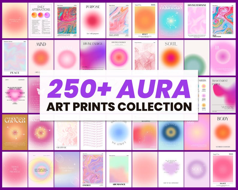 May include: A collection of over 250 rectangular art prints featuring gradient aura designs, abstract color blends, and various text elements including words like Purpose, Mind, Soul, and Body, displayed in a grid layout.