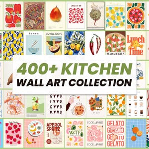 A grid collage of numerous colorful digital kitchen wall art posters featuring food, coffee, and drinks with text overlay reading 400+ Kitchen Wall Art Collection.