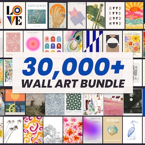 May include: A digital collection of 30,000+ wall art prints featuring a diverse array of graphic designs, including abstract patterns, floral illustrations, vintage posters, minimalist shapes, and vibrant color palettes for home decor.