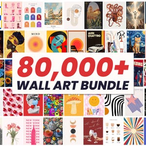 Puede incluir: Una colección digital de más de 80.000 láminas de arte mural con diversos diseños gráficos, incluyendo ilustraciones de Roma, Palermo, un pulpo, un gato, una seta, flores, formas abstractas y pósteres con texto en varios colores.