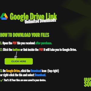 A black background with green and white text detailing how to download files from a Google Drive link, including a green click here button.