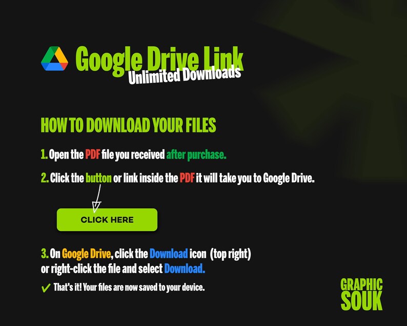 A black background with green and white text detailing how to download files from a Google Drive link, including a green click here button.