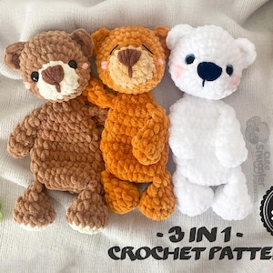 May include: Three crocheted teddy bears in brown, orange, and white. The bears have detailed features, including small ears, button eyes, and stitched noses. The text "3 IN 1 CROCHET PATTERN" is visible below the bears, and a "NO SEW" badge is on the right.