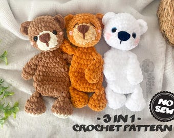 Padrão de crochê para ursinho de pelúcia: Amigurumi fácil e rápido, sem costura, 3 em 1 (PDF)