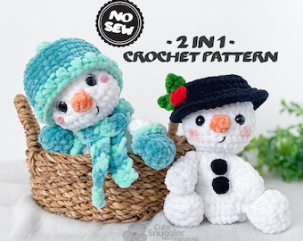 May include: Two crocheted snowmen. One snowman is in a woven basket, wearing a blue hat, scarf, and mittens. The other snowman is wearing a black hat with a holly accent. The text "NO SEW" and "2 IN 1 - CROCHET PATTERN" are visible.