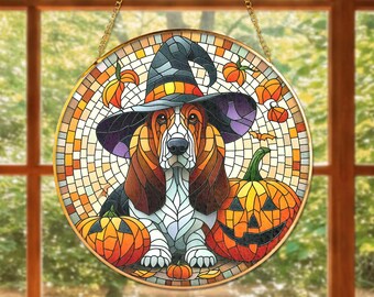 Basset Hound Glass Suncatcher with Halloween Witch Hat & Pumpkin Design, Dog Stained Glass Window Art Decor