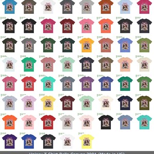 May include: A collection of Bella Canvas 3001 unisex t-shirts in various colors. Each shirt features a graphic design of a woman in a decorative frame with a bow. The shirts are available in a wide range of colors, including blue, black, and pink.