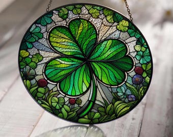 Four Leaf Clover Glass Suncatcher, Irish Clover Leaf Decor, Lucky Irish Home Gift, Window Clover Decoration, Stained Glass Clover Suncatcher