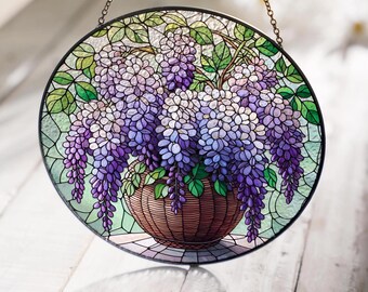 Wisteria Flower Glass Suncatcher, Stained Glass Decor, Gift for Mom & Flower Lovers, Garden Yard Outdoor Decoration