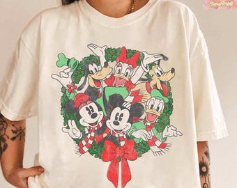 Disney Mickey and Friends Christmas Wreath T-Shirt, Crop Top, Disneyland Holiday Family Matching Tee, Xmas Party Gift, Festive Disney Group