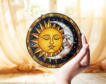 Sun & Moon Glass Suncatcher, Faces on Sun and Moon Window Hanging, Sun Moon Wall Art, Home Decoration Gift, Sun Moon Decor