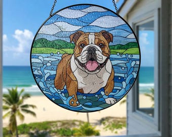 Bulldog Glass Suncatcher, Dog Splashing in Water Window Art, Pet Lover Present, Adorable Animal Decor for Dog Moms, Dad/Father Gift