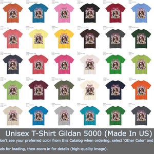 May include: A variety of Gildan 5000 unisex t-shirts in various colors, each featuring a graphic design. The shirts are displayed in a grid, showcasing a wide range of hues, from green to purple. The text "Unisex T-Shirt Gildan 5000 (Made In US)" is visible.