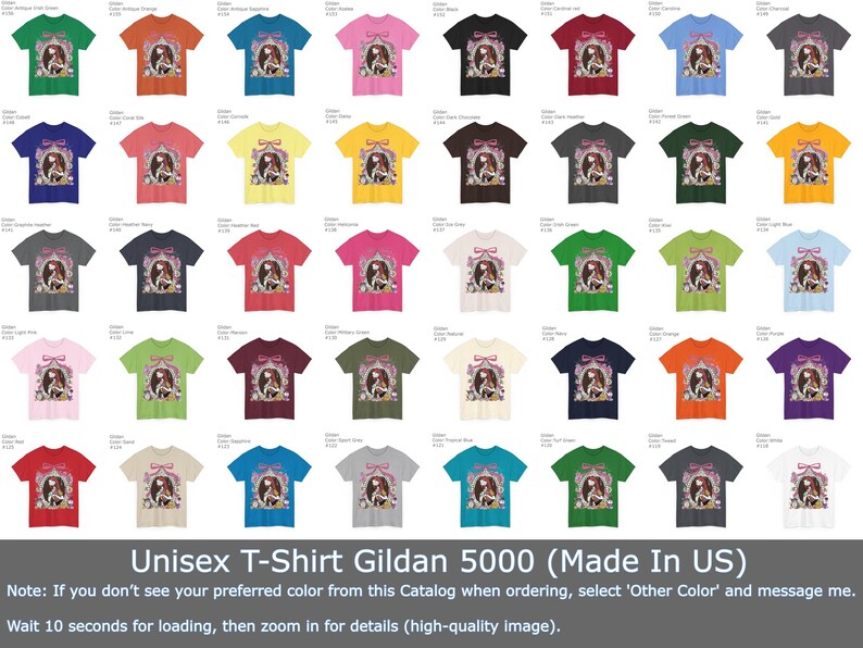 May include: A variety of Gildan 5000 unisex t-shirts in various colors, each featuring a graphic design. The shirts are displayed in a grid, showcasing a wide range of hues, from green to purple. The text "Unisex T-Shirt Gildan 5000 (Made In US)" is visible.