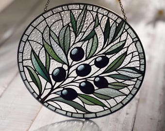 Olive Branch Glass Ornament, Olive Tree Window Hanging, Olive Lover Gift, Kitchen & Yard Decor, Mom Gift, Suncatcher, Stained Glass Art