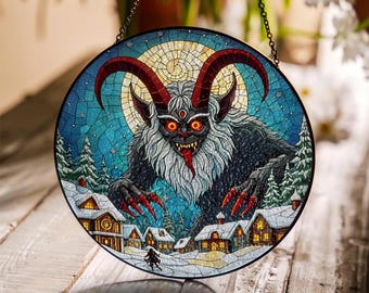 Krampus Glass Suncatcher, Christmas Folklore Scene, Round Hanging Window Ornament, Gothic Winter & Holiday Decor