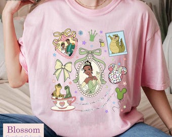 Retro 90s Disney Princess Tiana Tee, Vintage Disney Girls Trip Collection, Tangled Floral Print, Coquette Bow Mirror Design, WDW Shirt
