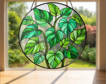 Atrapasueños de cristal con forma de hoja de pothos, arte para ventana con planta monstera, panel botánico de cristal verde, regalo para amantes de la naturaleza, decoración para mamás amantes de las plantas.