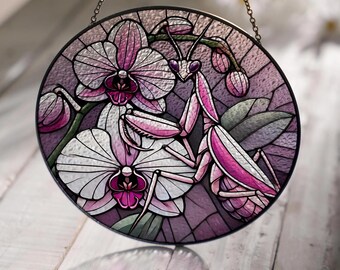 Pink Mantis & Orchid Flower Stained Glass Sun Catcher Decorative Art Piece