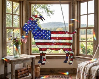 Attrape-soleil de chèvre patriotique holographique : décoration de fenêtre acrylique drapeau américain à accrocher