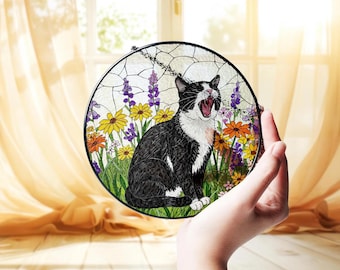 Sleepy Tuxedo Cat GLASS Suncatcher, Adorable Tuxedo Cat Decor, Cat Lover Gift, Tuxedo Cat Mom Decoration, Yawning Cat Art, Funny Cat Present