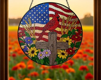 Patriotic Cardinal Glass Suncatcher – USA Flag Cross with Flowers, Memorial Window Decor, Sympathy Gift, July 4th Home Decoration