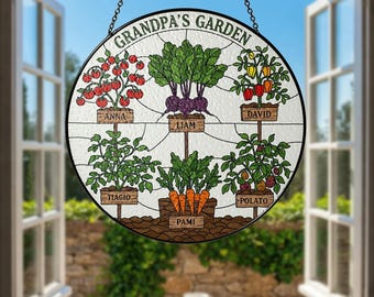 Custom Grandpa’s Garden Suncatcher – Personalized Family Name Vegetable Patch Glass Gift for Dad, Gardener, or Father’s Day Decor