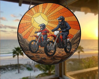 Father and Son Dirt Bike Suncatcher – Motocross Stained Glass Window Hanging, Gift for Dad, Biker Family, or Off-Road Fan, Father’s Day