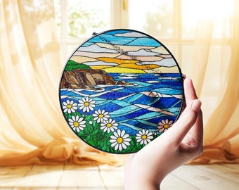 Daisy Ocean Glass Suncatcher, Floral Window Hanging, April Birthday Present, Ocean Lover Decor, Mother's Day Floral Gift, Spring Ornament
