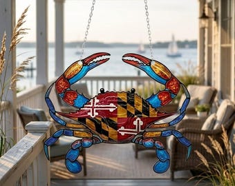Maryland Crab Acrylic Window Suncatcher, Maryland Flag Home Decor, State Pride Hanging, Blue Crab Gift, Maryland State Decoration