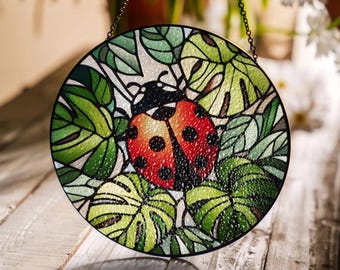 Ladybug Among Plants GLASS, Ladybug Suncatcher, Insect Lover Decor, Cute Ladybug Gift, Animal Lover Decor, Yard & Ladybug Gift Decor