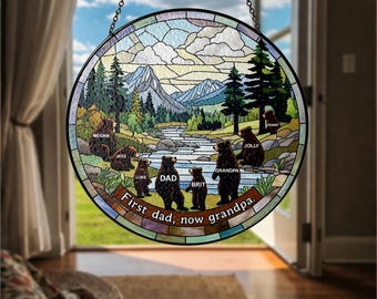 Custom Bear Family Suncatcher: Personalized Grandpa Gift with Grandchild Names, Unique Woodland Window Decor