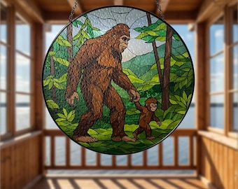 Bigfoot Dad and Baby Glass Suncatcher Ornament, Unique Father's Day Gift Decor